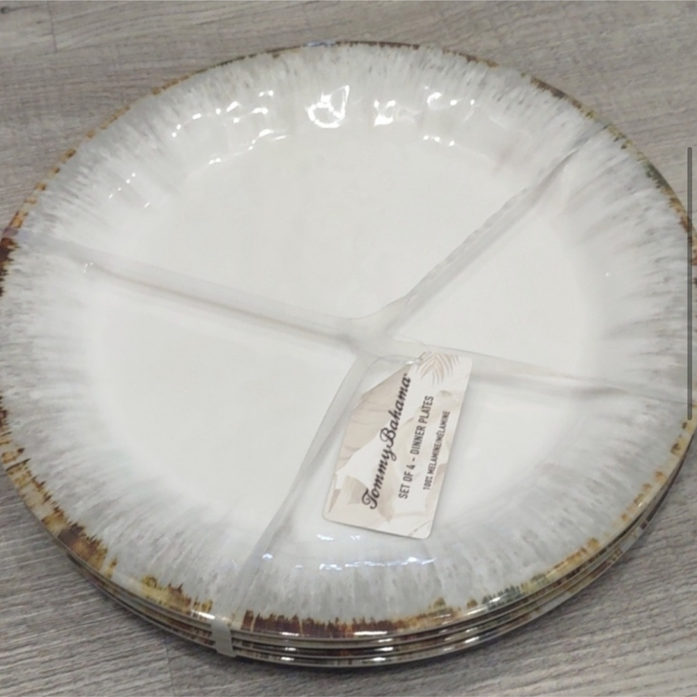 Tommy Bahama 10.5" watercolors gray, Brown melamine dinner plates, NEW